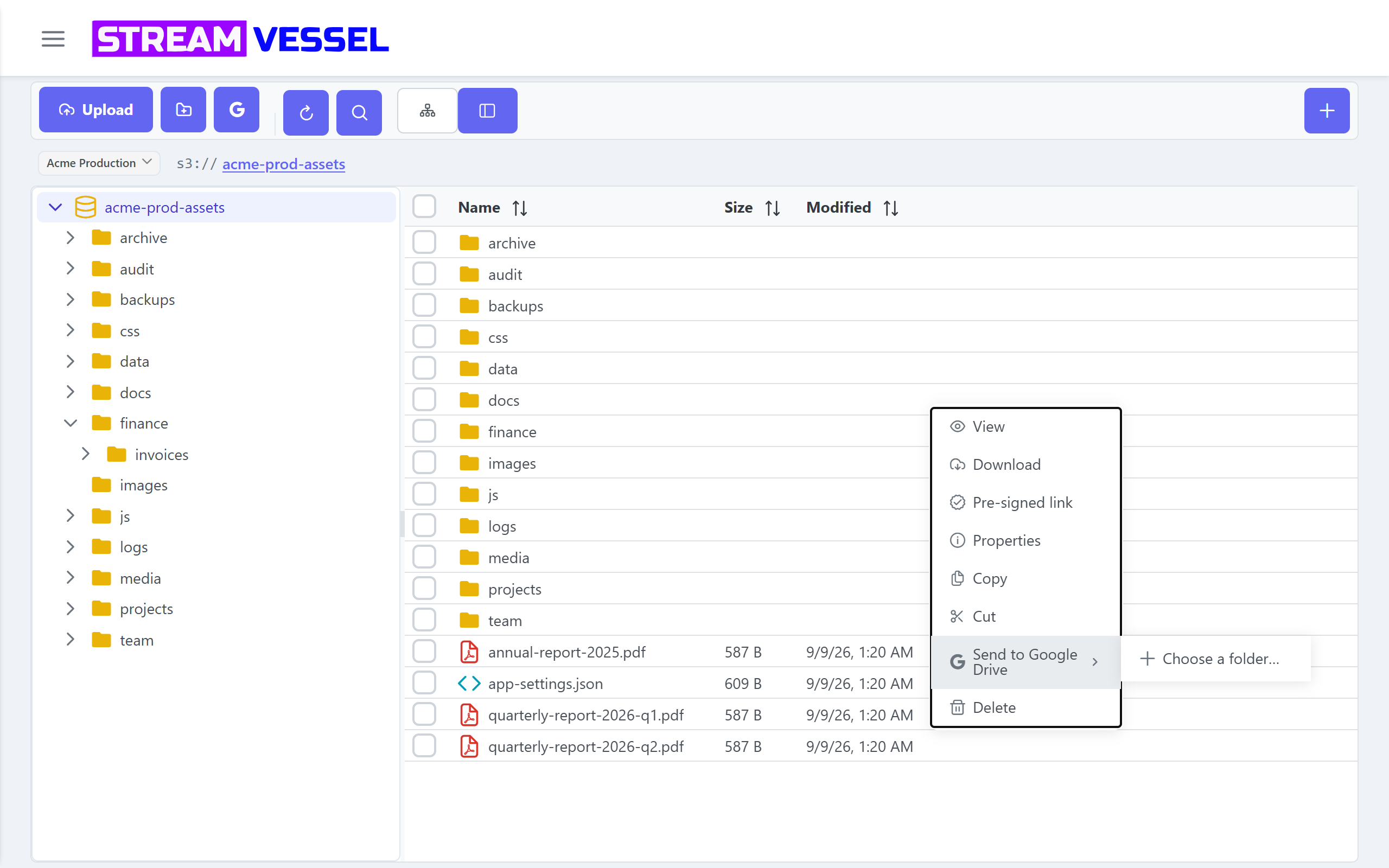 The file menu with Send to Google Drive and its Choose a folder submenu