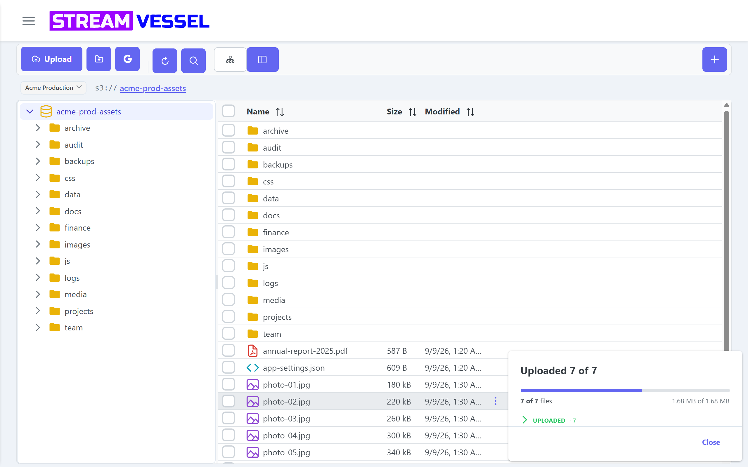 The upload panel after uploading 7 files, grouped as uploaded